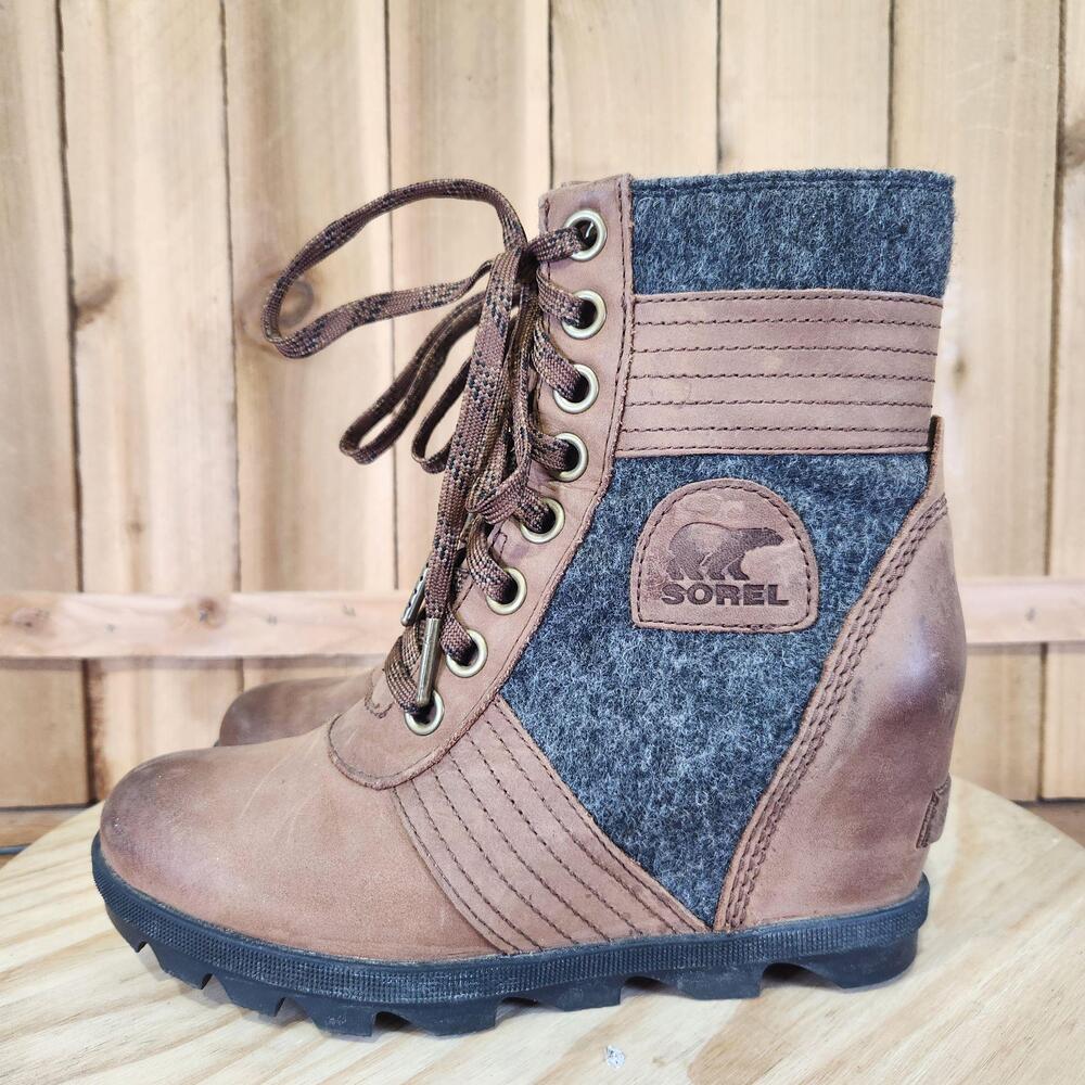 Sorel Lexie Wedge Boots Womens 7 Brown Leather Felt Lace Up Bootie Ankle Winter